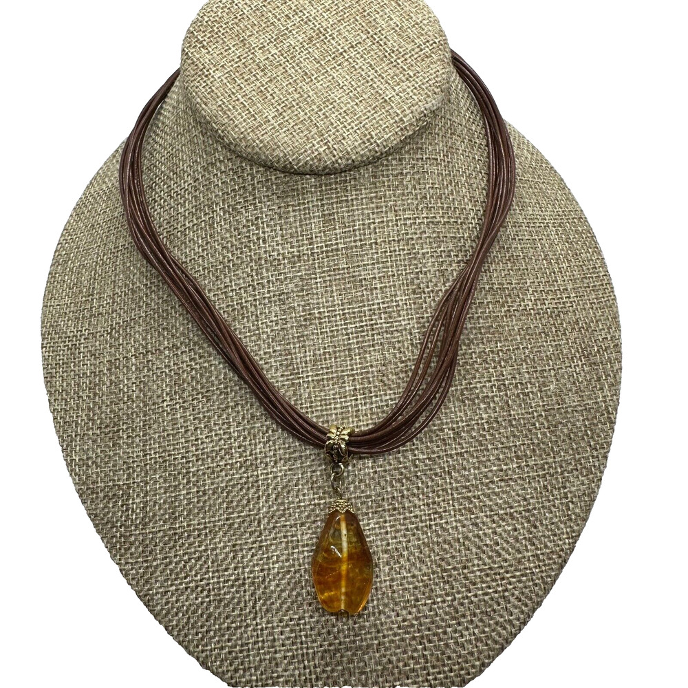 Lia Sophia Multi Strand Cord Necklace Orange Pendant Brown Fashion